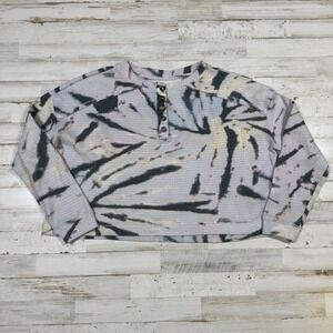 SO Womens Tie Dye Waffle‎ Knit Henley Cropped Long Sleeve Top Size S